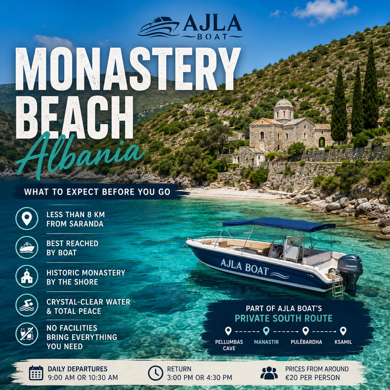 Ajla Boat anchored at Monastery Beach, Albania, with the historic stone monastery on the hillside above the shore